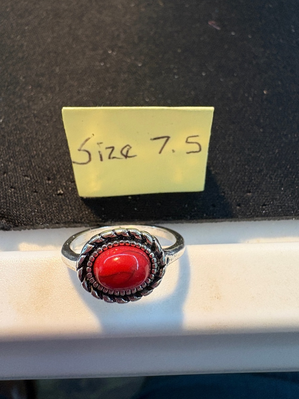 Red Stone Oval Silver Ring - Size 7.5